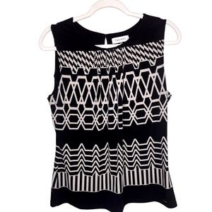 Calvin Klein Black Cream Geometric Print Sleeveless Shell Tank Shirt Size Large